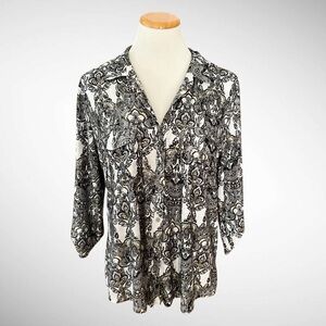 Emily Daniels Metallic Printed V-Neck Button Front Blouse